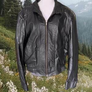 Black leather bomber jacket with